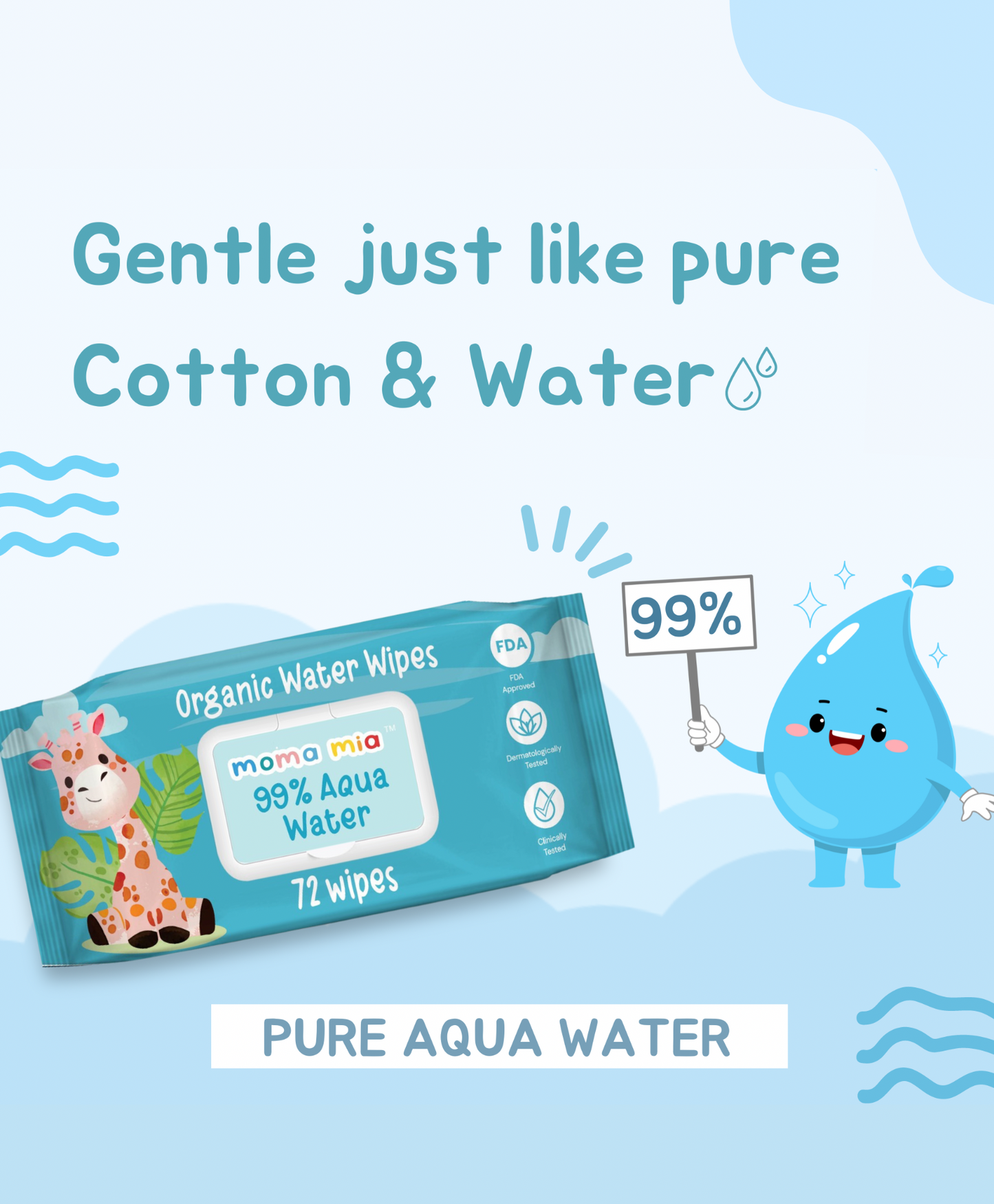 99% Pure Water Wipes for Sensitive to normal Skin (10 Pc) - Pack of 5